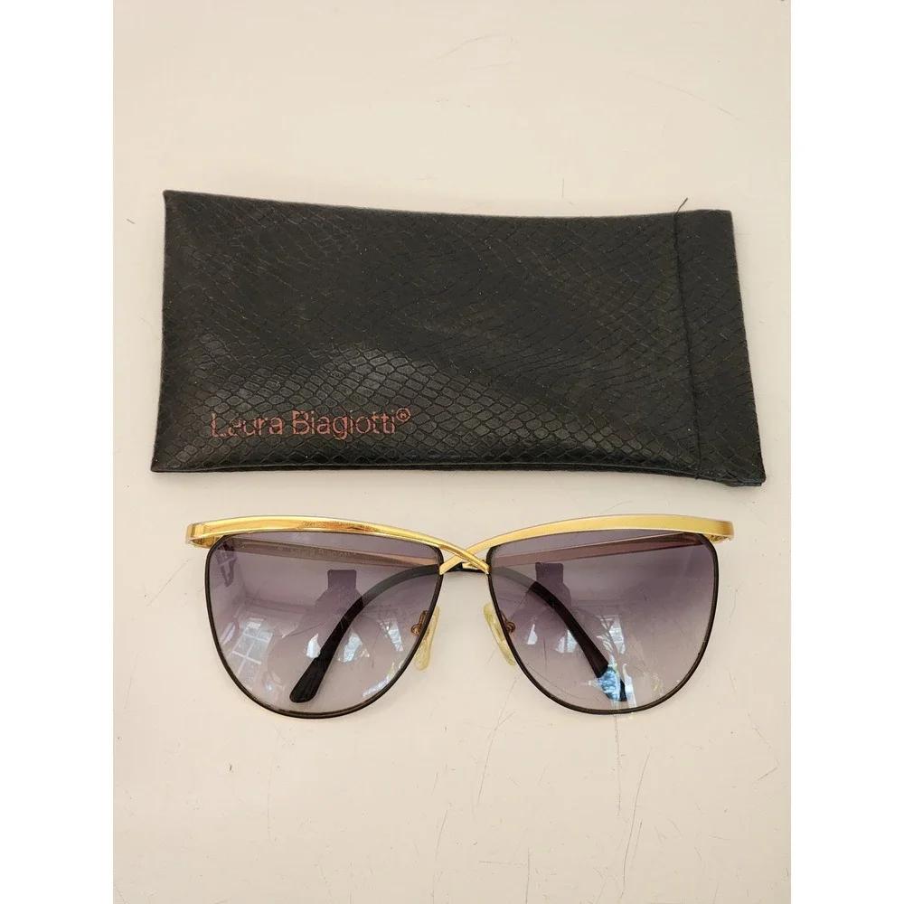 Laura Biagiotti Vintage Gold Crossover Sunglasses Purple Gradient Lens Italy